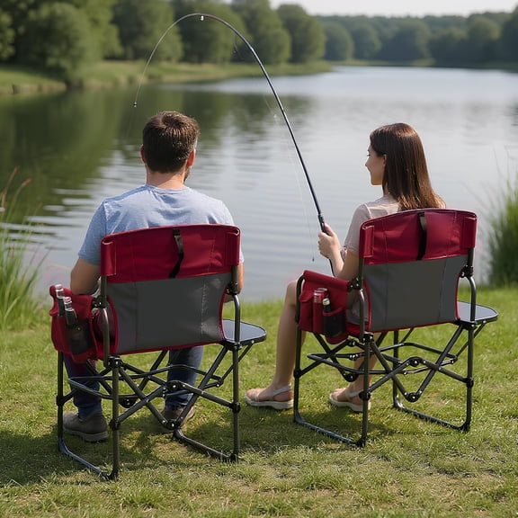 QinaQin 2PC Oversized Heavy Duty Camping Chair for Adults – Portable Folding Outdoor Lawn Chair with Side Table and Pocket for Camping, Beach,Red