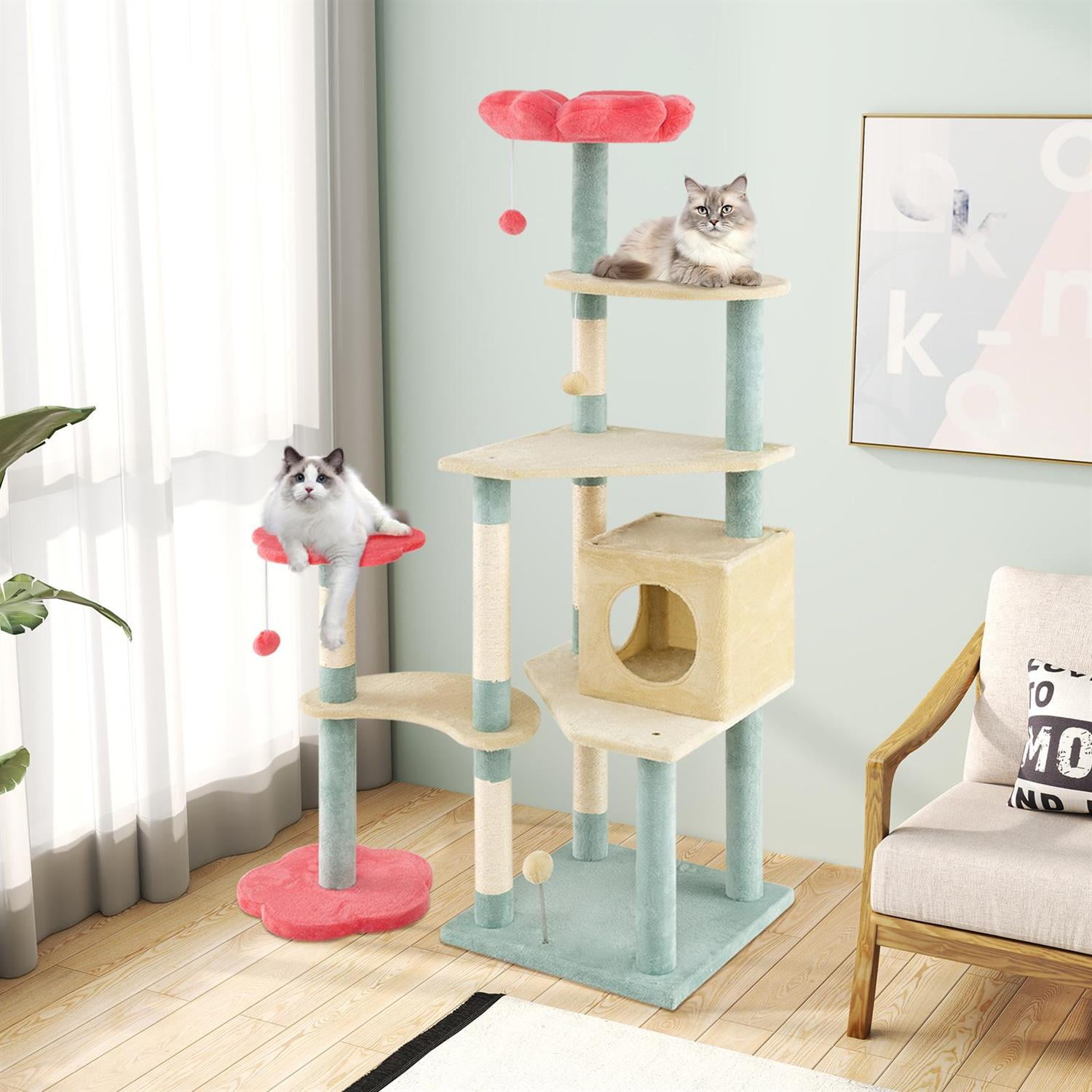 Pefilos 61" Tall Floral Kitten Tower, Flower-shaped Padded Perch, 5 Platforms & Condo, Blue
