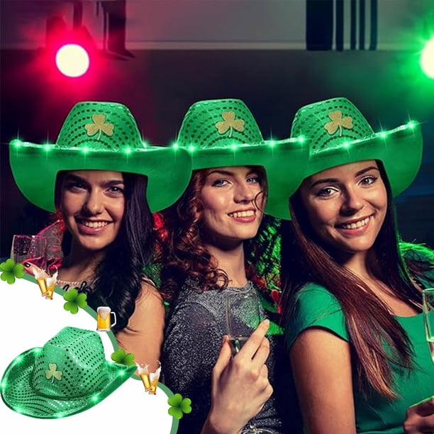 Sombrero iluminado con lentejuelas para el Día de San Patricio, disfraz de duende, accesorios para fiestas, sombrero verde, tréboles irlandeses, accesorios festivos.