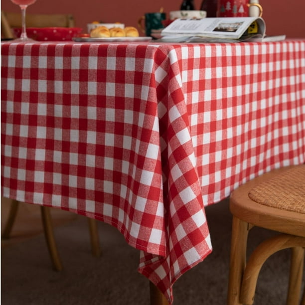 Mantel de fiesta de Navidad con cuadros rojos y blancos, nórdico, sencillo, de algodón y lino, rectangular, para mesa