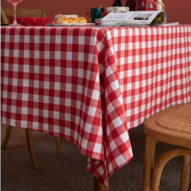 Mantel de fiesta de Navidad con cuadros rojos y blancos, nórdico, sencillo, de algodón y lino, rectangular, para mesa