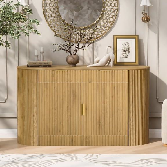 55.1" Storage Cabinet with 2 Doors & 2 Drawers, Stripe MDF Sideboard with Curved Side Door & 3-Tier Shelves, Buffet Cabinet for Living Room Dining Room Bedroom, Natural