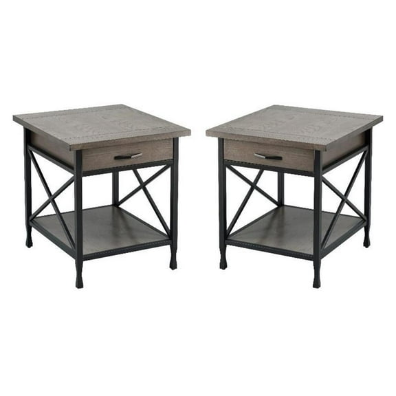 Home Square X-Design Wood and Metal End Table in Smoky Gray Oak - Set of 2