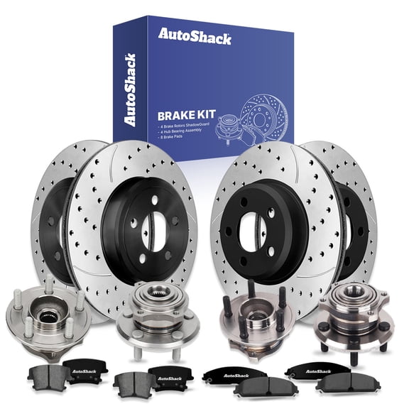 AutoShack Front & Rear Drilled & Slotted Brake Rotors Premium Ceramic Brake Pads Wheel Bearing Hub Assembly | Replacement for 2012 2013 Dodge Charger | E-Coated | 16-PC Brake Kit | ShadowGuard