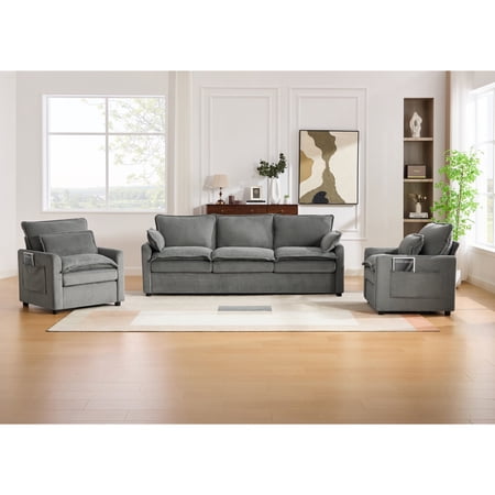 FFZ Plush Faux Fur Sofa Collection with Double-Layer Cushion and Side Storage Pockets, Grey