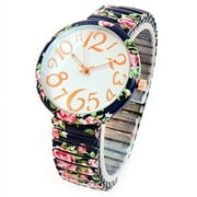 STC navy blue roses floral print large face easy to read stretch band extension women's watch