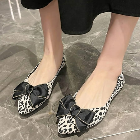 

Cathalem Fashion Autumn Women Casual Shoes Flat Bottom Pointed Toe Leopard Print Bow Shallow Mouth Shoes for Women Wedge White 7