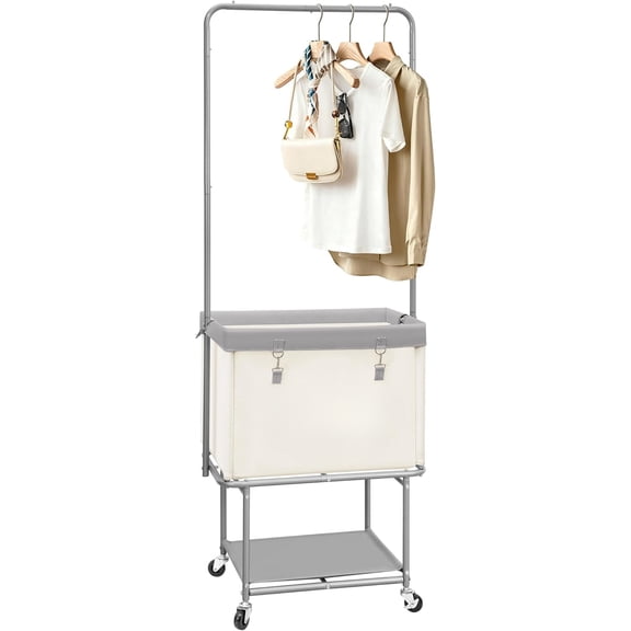 Rolling Laundry Cart with Hanging Bar & Storage Shelf, 110L Large Laundry Basket with Clothes Hanging Rod, Mobile Clothes Hamper with Lockable Swivel Wheels for Apartment Dorm Laundry Room