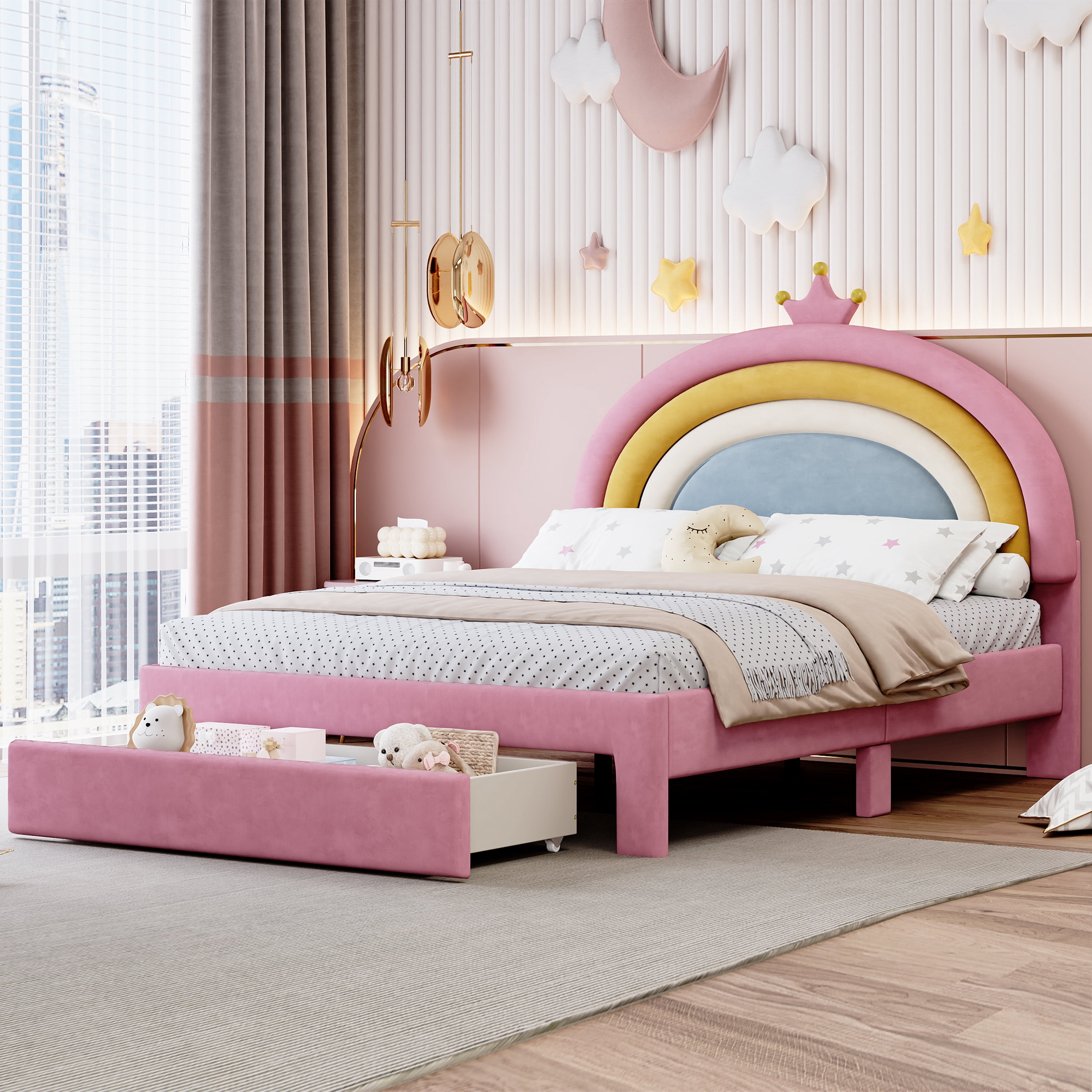 Euroco Upholstered Full Size Platform Bed with Drawer, PU Leather Princess Bed with Crown