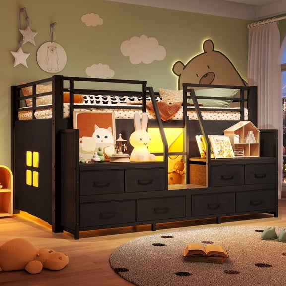 Bellemave Low Loft Bed with 8 Storage Drawers Twin Loft Bed with Bookshelf ,LED Lights & Under-Bed Play Space, Kids Loft Frame with Storage Stairs Guardrail & Inclined Ladder, Black Loft
