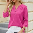 thumbnail image 4 of MIUOWANP Women's 3/4 Sleeve Tops Solid Color V-Neck Loose Button-Down Shirt Size XL(10)Pink, 4 of 8