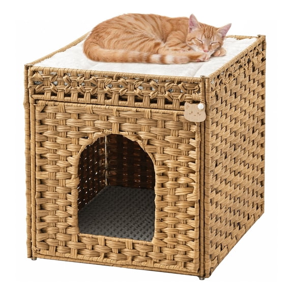 Aokeyee Cat Litter Box Enclosure Furniture, Hidden Litter Box with Mat and Fence, Handwoven Rattan Cat House Indoor Pet House for Living Room, Bedroom(Natural)