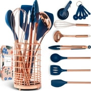 Styled Settings Copper and Blue Silicone Kitchen Utensils Set -17PC Set Includes Copper Utensil Holder, Blue Measuring Cups & Spoons, Copper Kitchen Utensils - Navy Blue Kitchen Decor