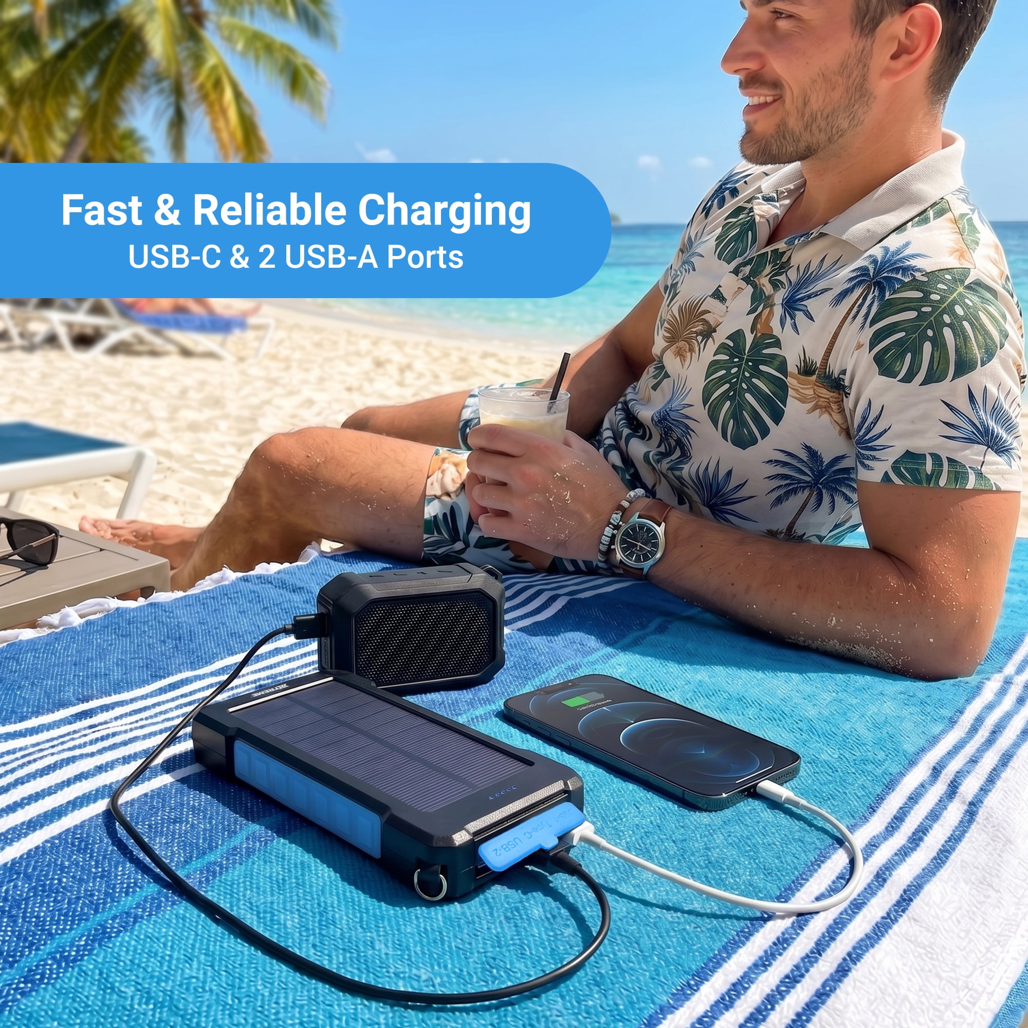 Xtreme Power 20,000mAh Solar Power Bank, 15W Portable Charger with USB-C and 2 USB-A Ports, IP44 Weather-Resistant Battery Pack for Travel and Emergencies, Black