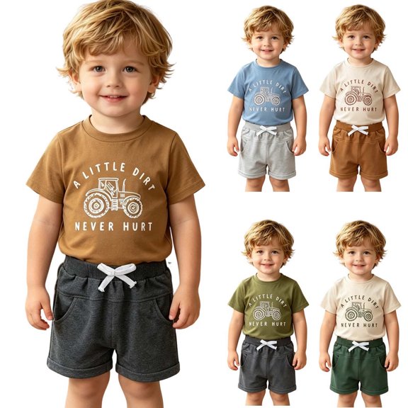 Spazoro Toddler Boys 2PC Outfit Sets, T-Shirt & Elastic Waist Shorts Tractor Print Short Sleeve Crew Neck Summer Clothes Set for Baby Boys Brown Size 12-18 Months