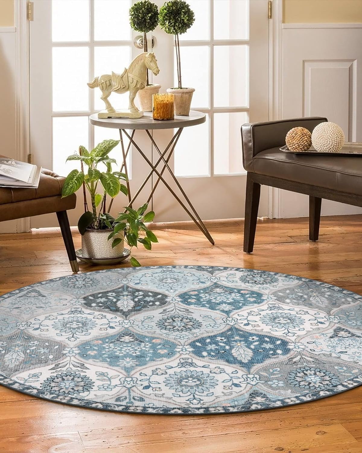 Moynesa 3'Round Moroccan Trellis Round Area Rugs - Washable Small Round Rug 3ft Non-Slip Soft Circle Rugs for Bedroom Vintage Ultra-Thin Throw Carpet for Entryway Kitchen Laundry Bathroom Blue