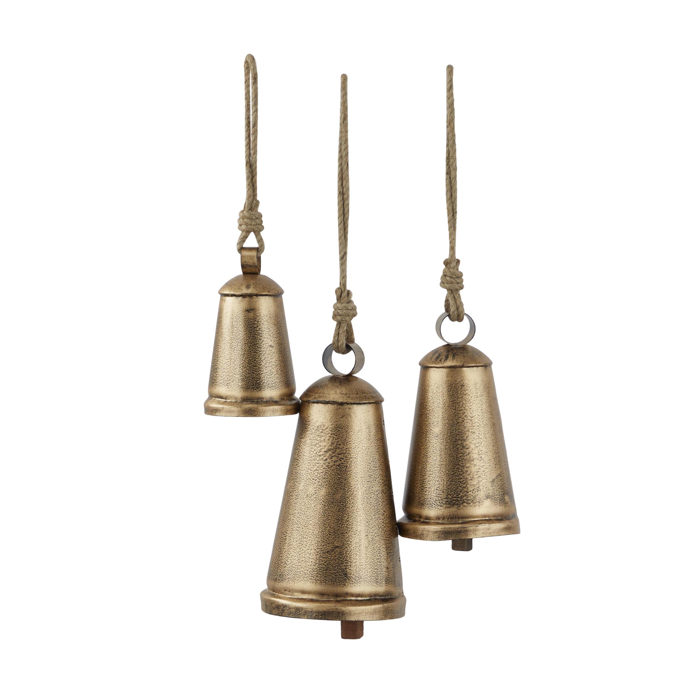 DecMode Tibetan Inspired Bronze Metal Conical Decorative Cow Bells with Jute Hanging Rope, 3 Count