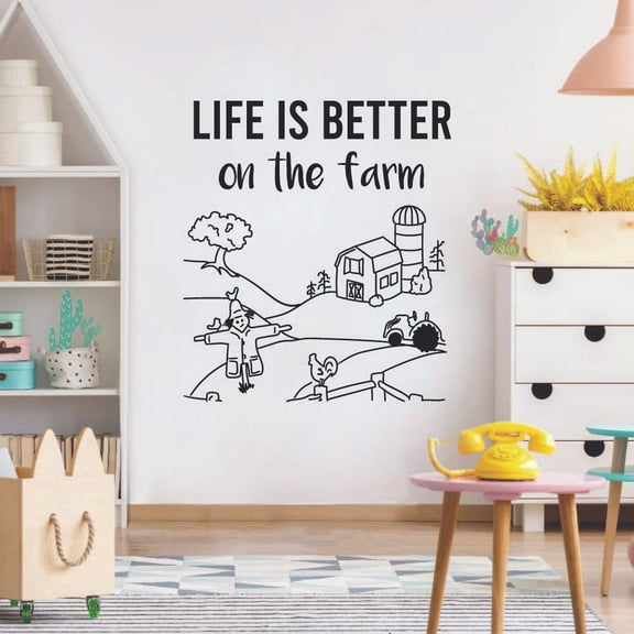 Life Is Better On The Farm Barn Scarecrow Chicken Hen Ducks Tractor Wall Sticker For Home Room Bedroom House Art Decal House Fun Home Decors Stickers Wall Art Vinyl Decoration Size (40x40 inch)