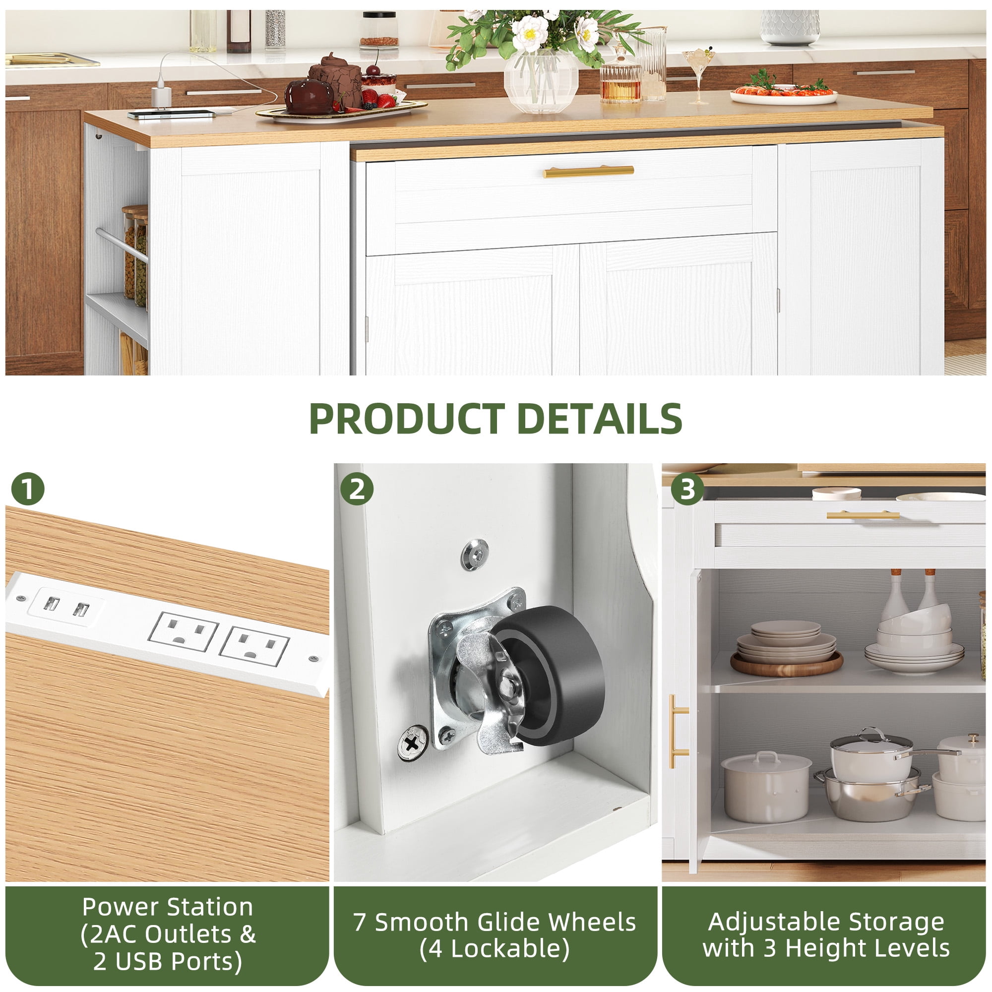 Uforic Extendable Kitchen Island with Power Outlets & 2 Stools, Kitchen Island Cart with Trash Storage Compartment, White