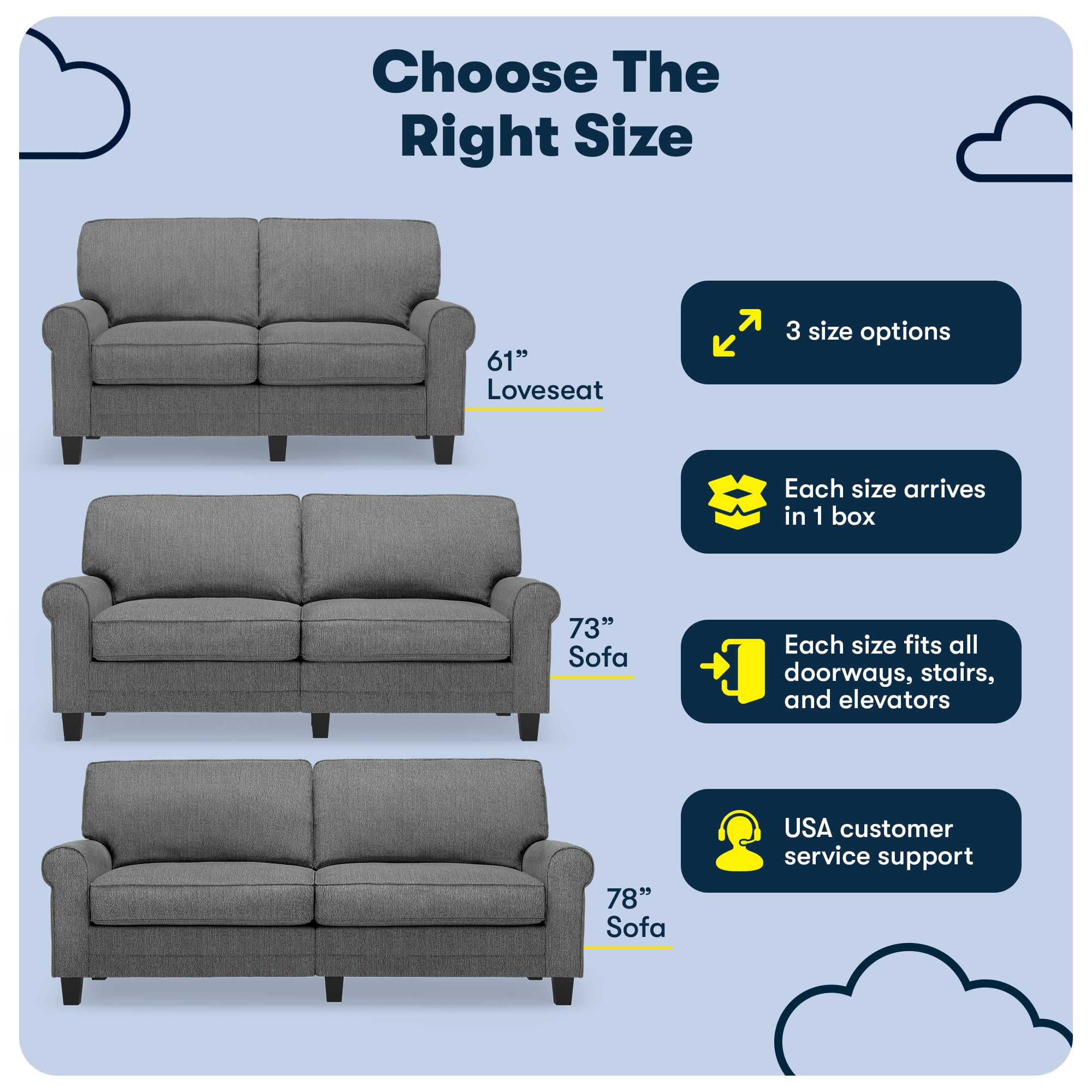 Serta Copenhagen 78" Rolled Arm Sofa, Easy Care Polyester, Loveseat or Couch for Small Spaces, Dark Gray