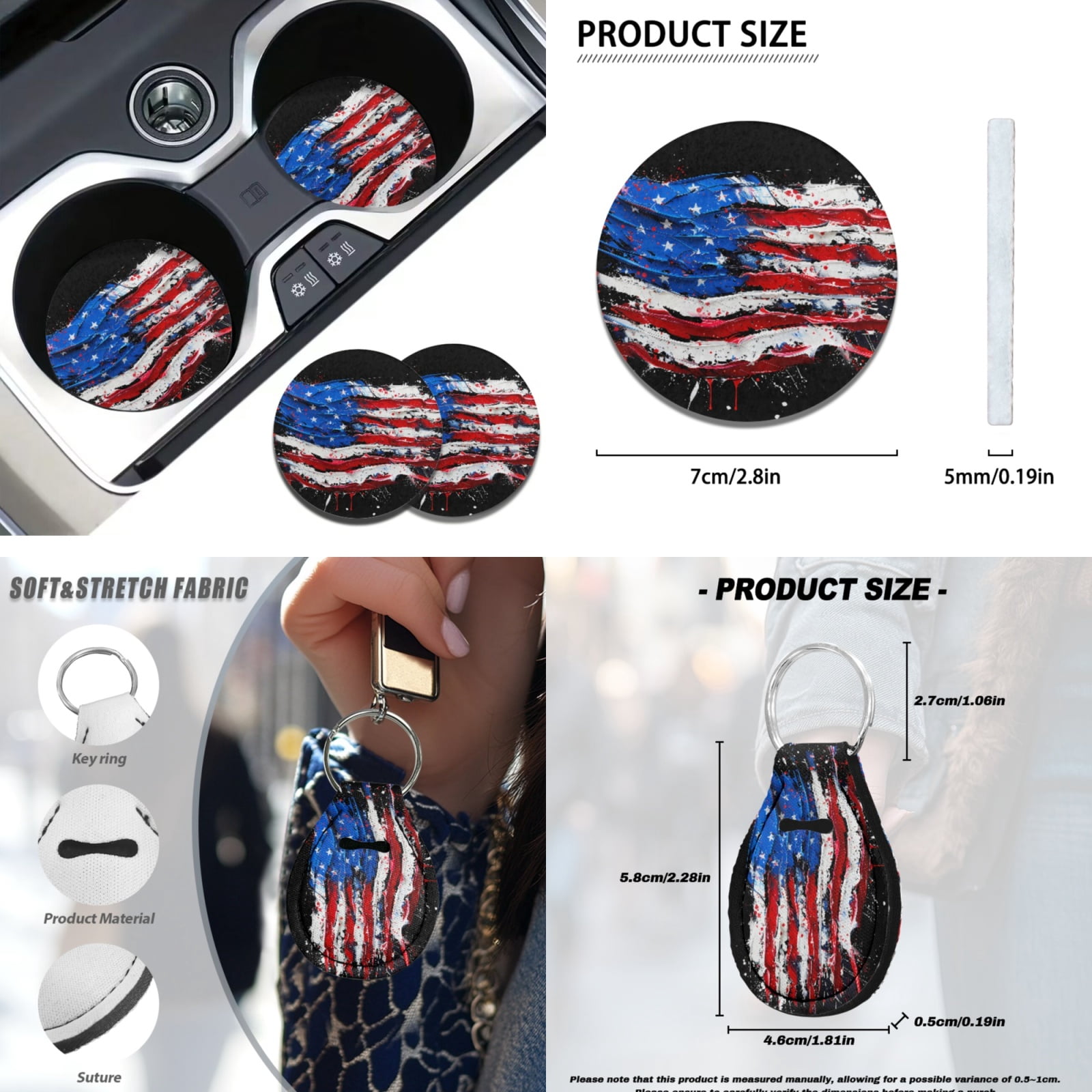 Yuyamidu American Flag Car Seat Covers Front Back Seat Cover Full Set Patriotic Car Steering Wheel Cover Safe Belt Pads Coasters Keychain 12 PCS