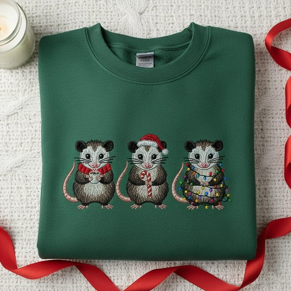 Embroidered Christmas Opossum Trio Sweatshirt, Holiday Lights and Candy Cane Shirt, Funny Opossum Lover Gift, Crewneck Sweater
