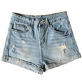 thumbnail image 4 of Women's Denim Shorts Folded Hem Casual Summer Short Rolled Jeans Shorts Stretchy Mid Waisted Ripped Lounge Shorts, 4 of 7