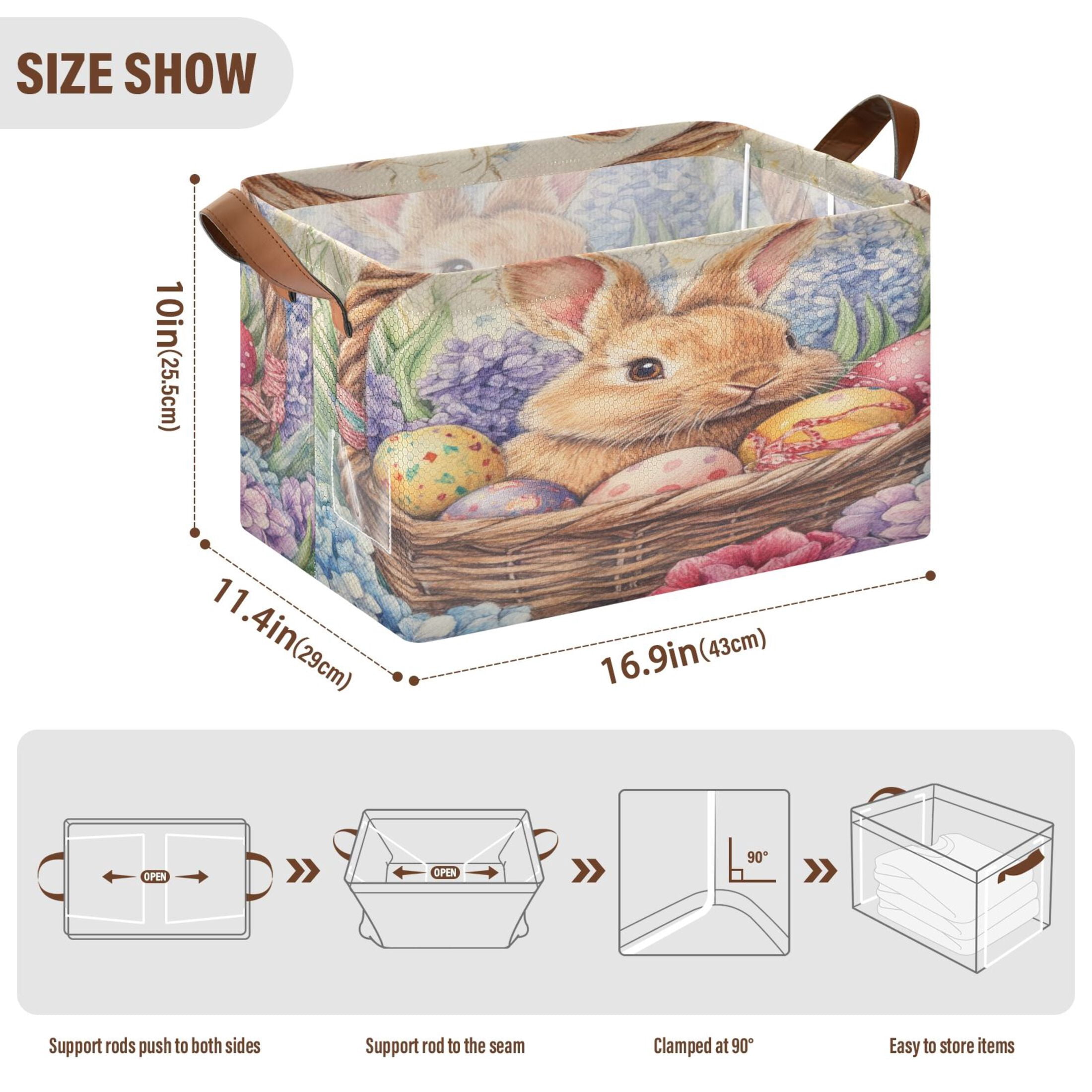 WOBOGO Easter Bunny Storage Basket 16.9×11.4×10in Collapsible Oversized with Metal Iron Frame Set of 1