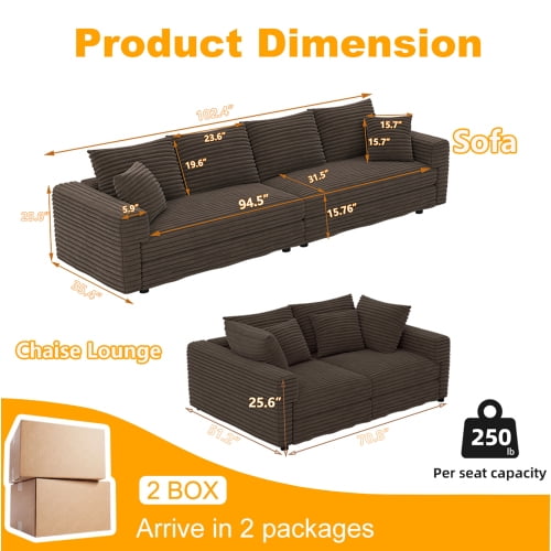 Howcool 102" Modular Cloud Sectional Sofa, Modern Oversized Deep Seat Corduroy Couch with Memory Foam Cushions, Built-in Storage and Cup Holders,Came