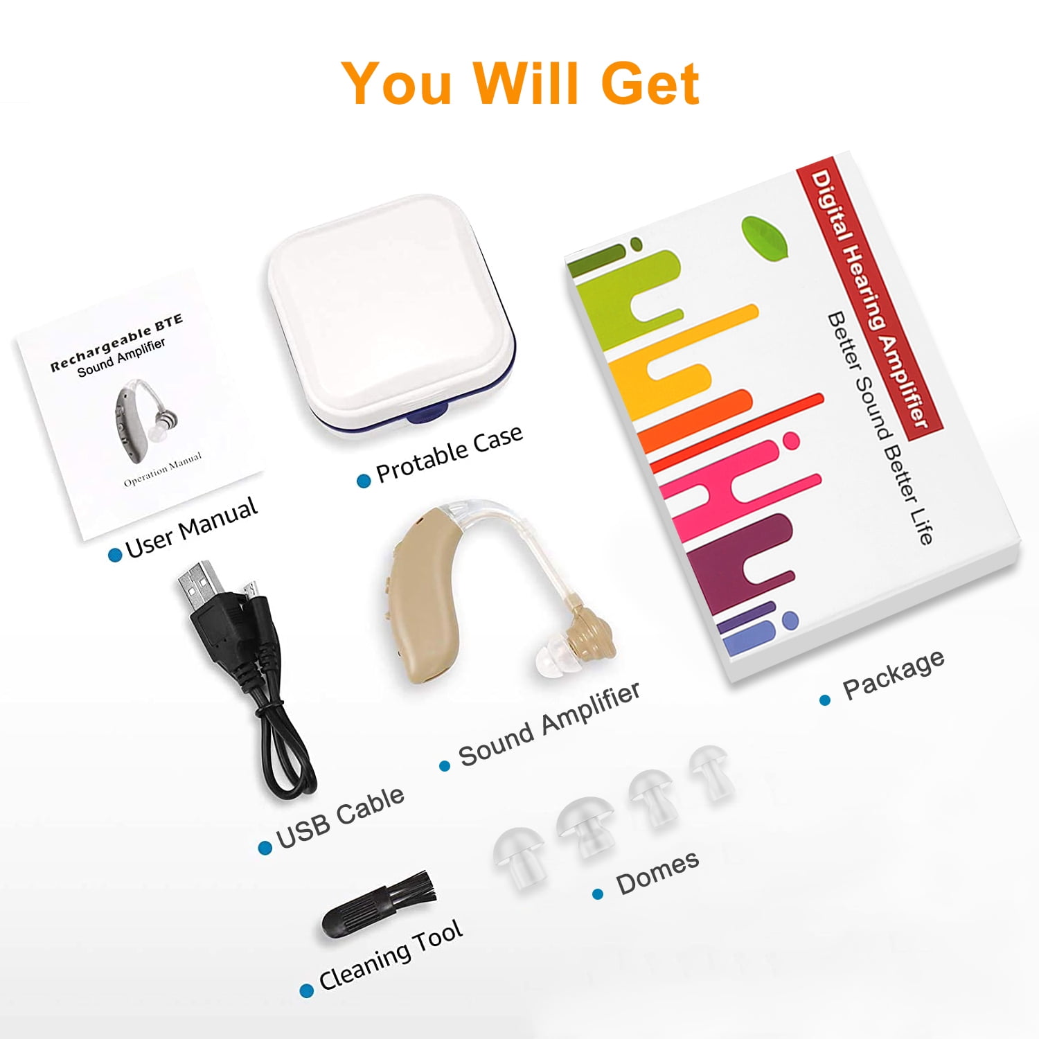 Rechargeable Personal Sound Amplifier with Volume Control, Sound Assist Device for Seniors and Adults Daily Living, with Charging Cable and Portable Carrying Case, Single Pack
