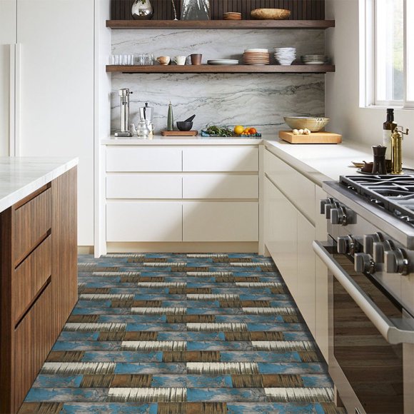 OULII 5Set Self Adhesive Vinyl Floor Tiles Waterproof Blue Plank Shape for Flooring