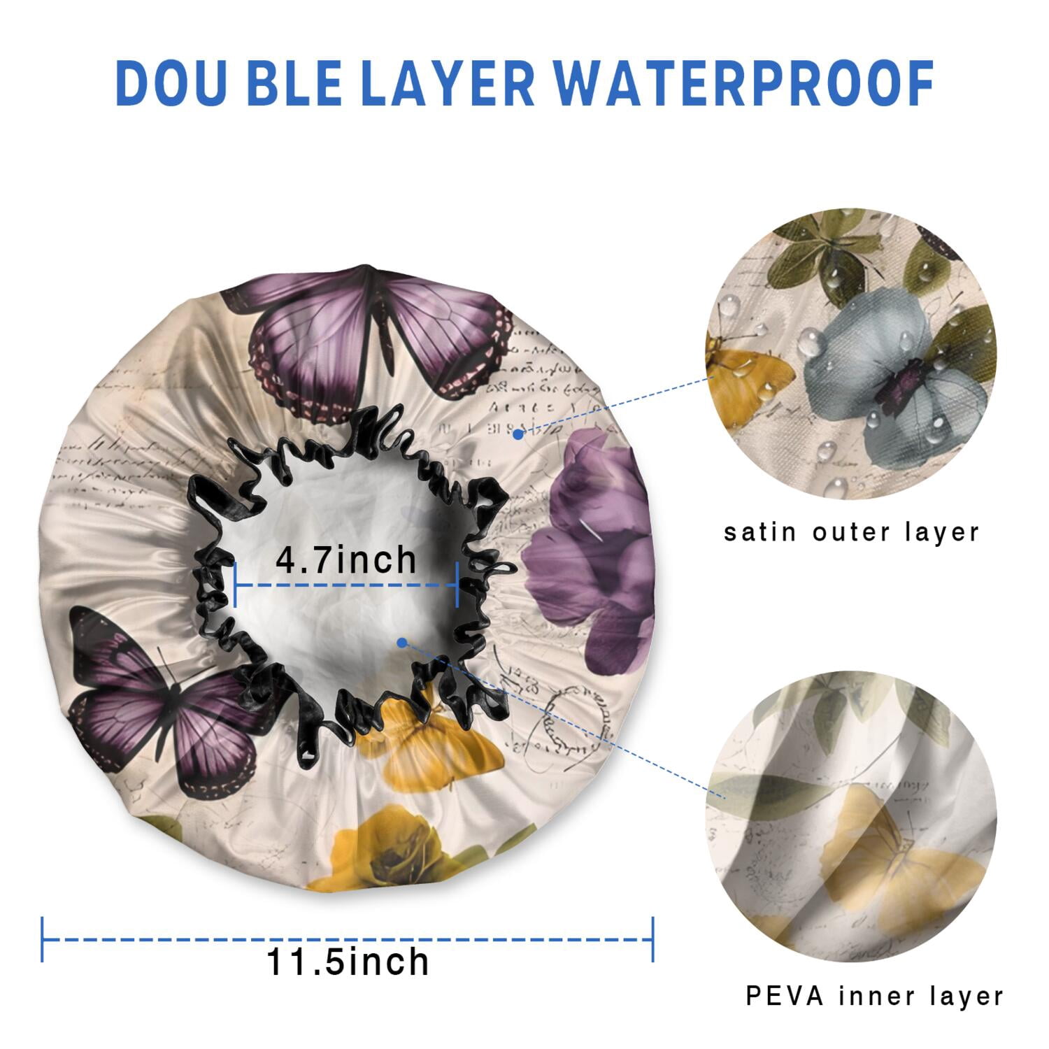 Shower Caps,Vintage Butterfly Flower Pattern Waterproof Shower Cap for Women 4 Pieces,Double Reusable Hair Cover for Shower PEVA Elastic Stretch Hem