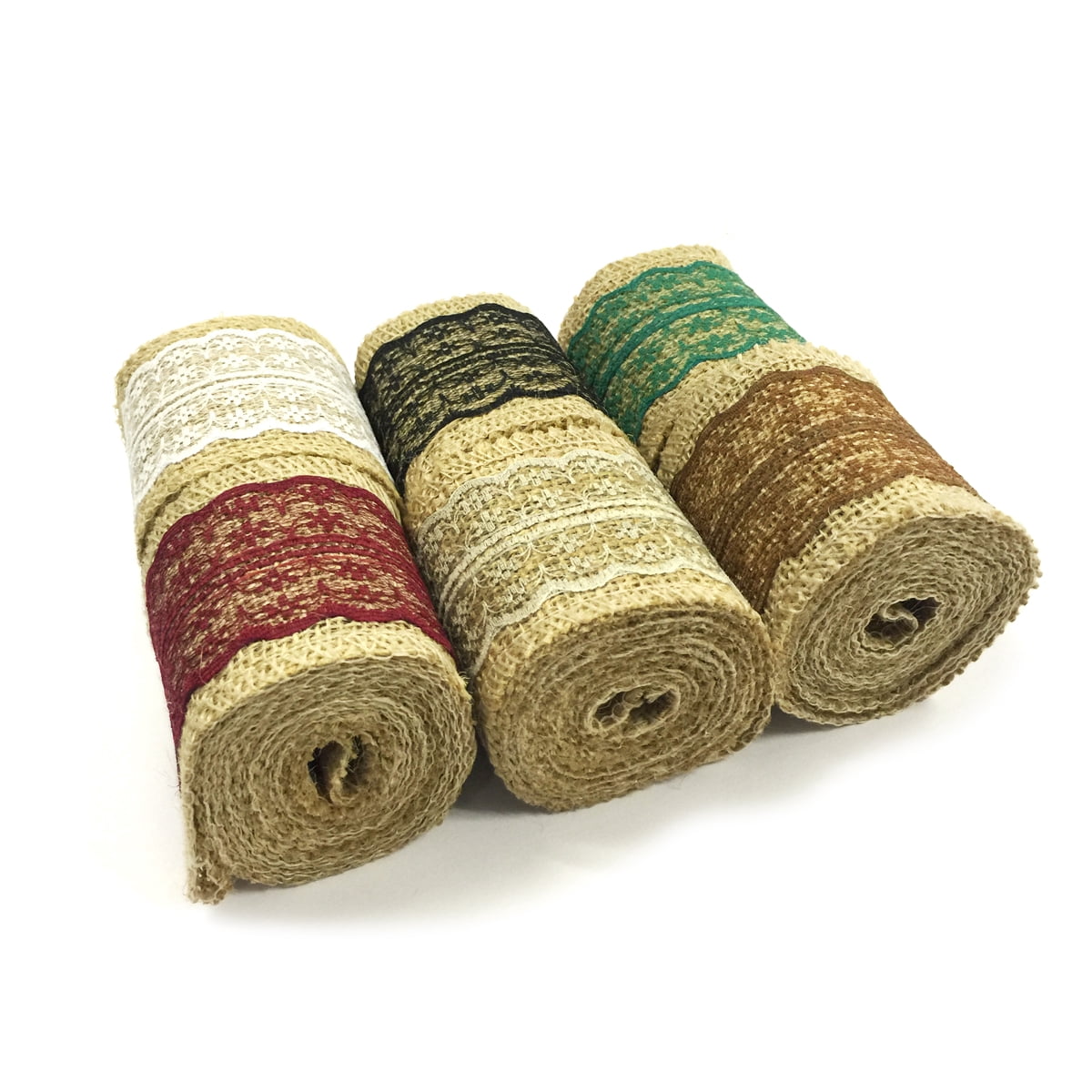 Wrapables® Hessian Burlap with Lace Ribbon 2.5 Inch Width x 2 Yards Length (Set of 6), Black/Burgundy/Green/Brown/White/Gray