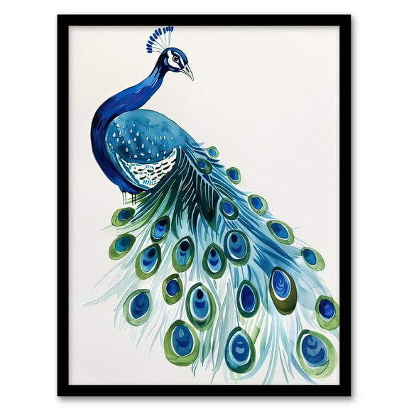 Artery8 Blue Peafowl Peacock Tail Feathers Watercolour Living Room Art Print Framed Poster Wall Decor 12x16 inch