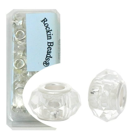 Rhodium Faceted Glass 24 Clear, Loose Beads, Faceted Glass Large 4.5-5mm Hole Silver Plated Compatible with Most European Charm Bracelets ()