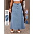 thumbnail image 2 of Womens Denim Midi Skirt High Waist Vintage Button Detail Color Block Woven Fabric Non Stretch Lightweight Summer Spring Autumn Blue Shades, 2 of 8