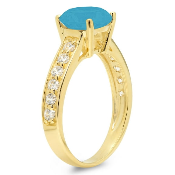 2.3 ct Round Cut Simulated Turquoise Solitaire with Accents Engagement Ring for Women in 18K Yellow Gold
