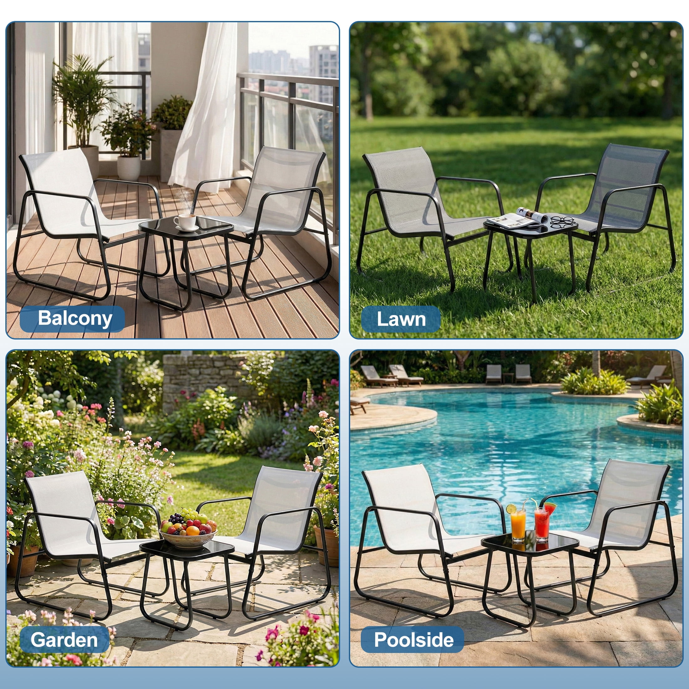edx 3-Piece Textilene Outdoor Patio Set, Coffee Table & 2 Chairs, Gray