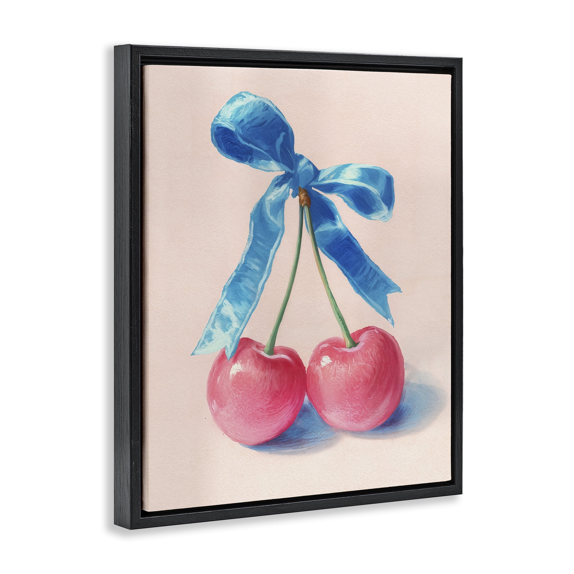Stupell Industries Twin Cherries with Blue Ribbon Black Framed Floater Canvas Wall Art, design by Imagine It Images