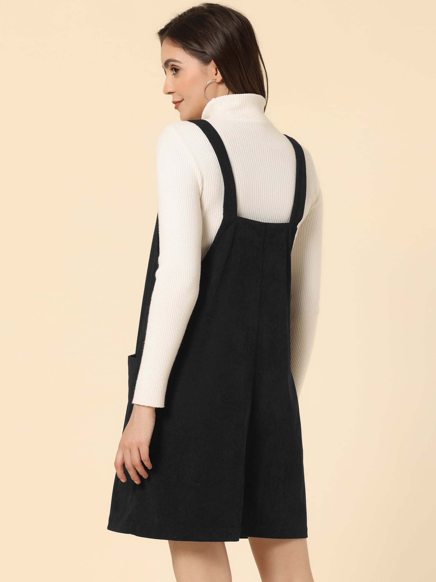 Unique Bargains Women's Corduroy Straps Pinafore Button Decor Overall Dress S Black