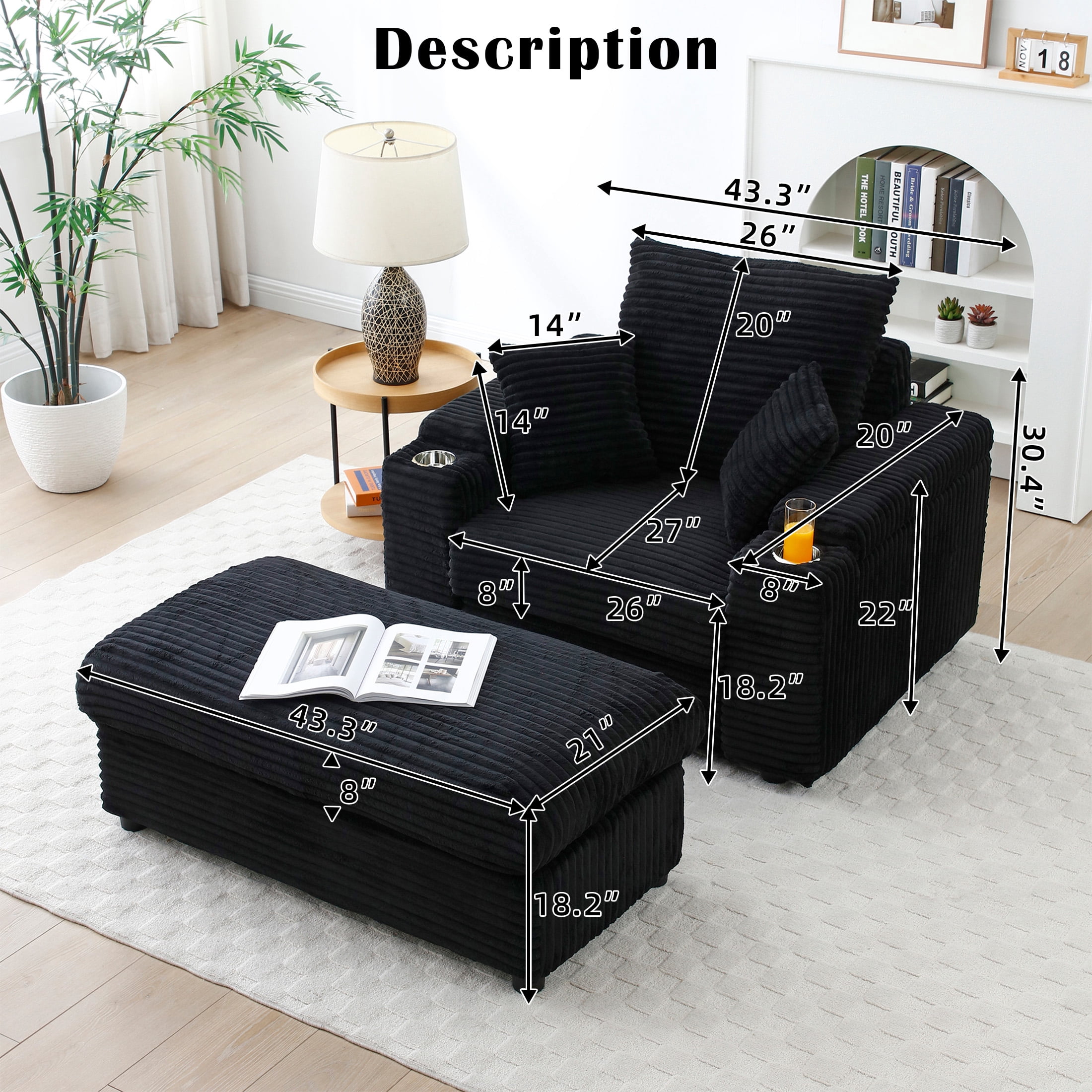 Aukfa 43 inch Corduroy Chaise w/ 2 Cupholders&Storage Ottoman, Plush Chair Bed, 3 Pillows, Black