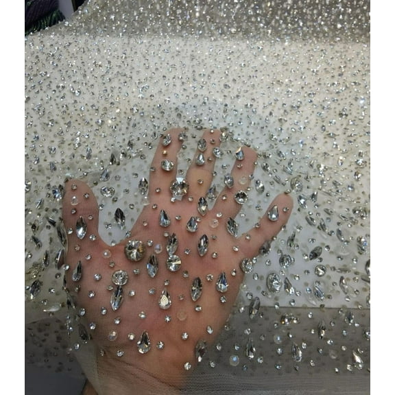 Sparkling Elegance: Hand-Beaded Swarovski Stones Fabric