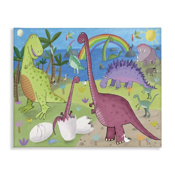 Stupell Industries Contemporary Happy Dinosaurs Playing by Rainbow Illustration Canvas Art, 20 x 16, by Carla Daly