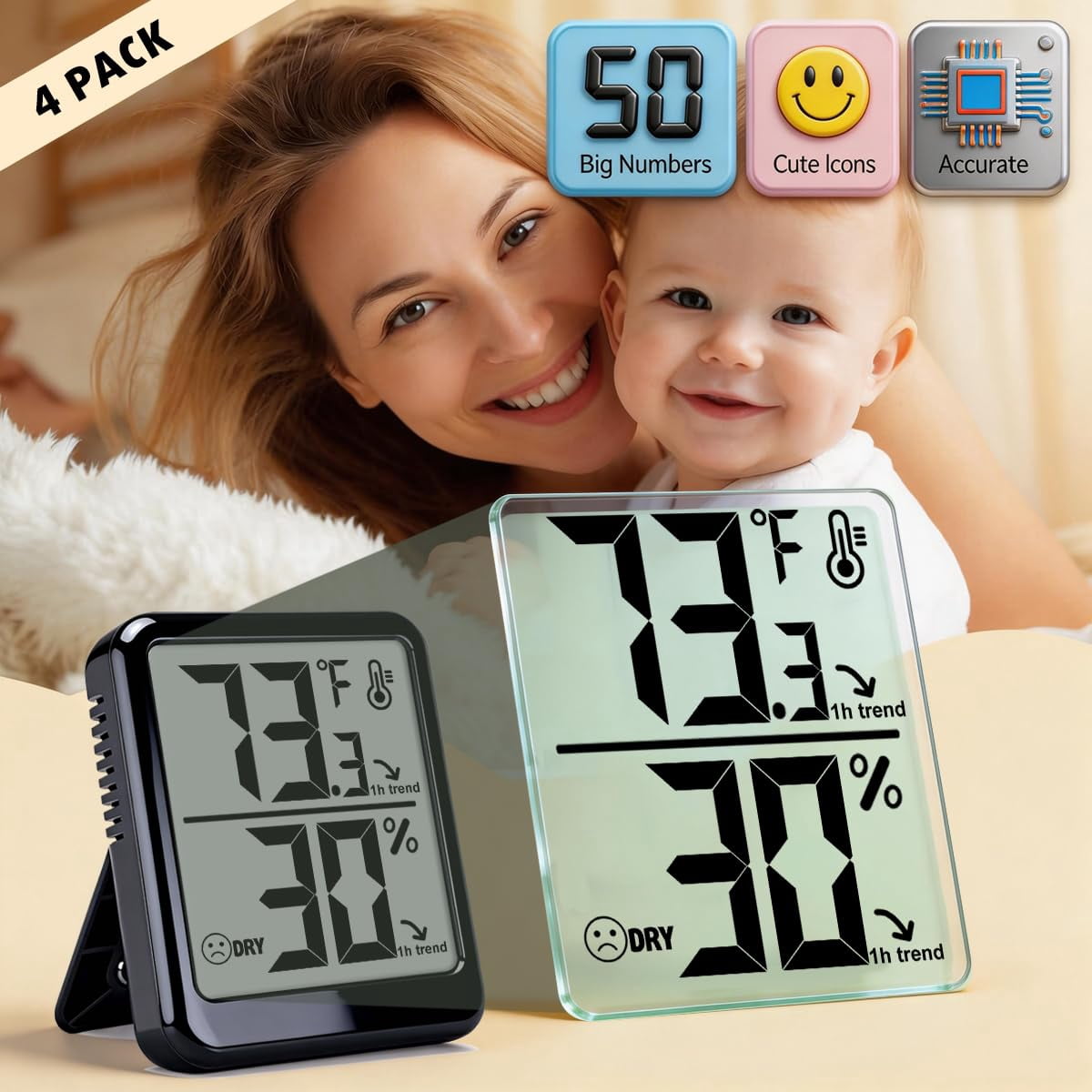 4-Pack Room Thermometer Indoor Hygrometer, Small Digital Temperature and Humidity Monitor Sensor, Temperature Humidity Gauge Meter for Home Baby Room, Plants, Pets - AAA Battery Included