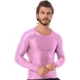 thumbnail image 3 of YiZYiF Mens Glossy O Neck Long Sleeve T-Shirt Solid Color Slim Fit Tops for Yoga Workout Pink L, 3 of 6