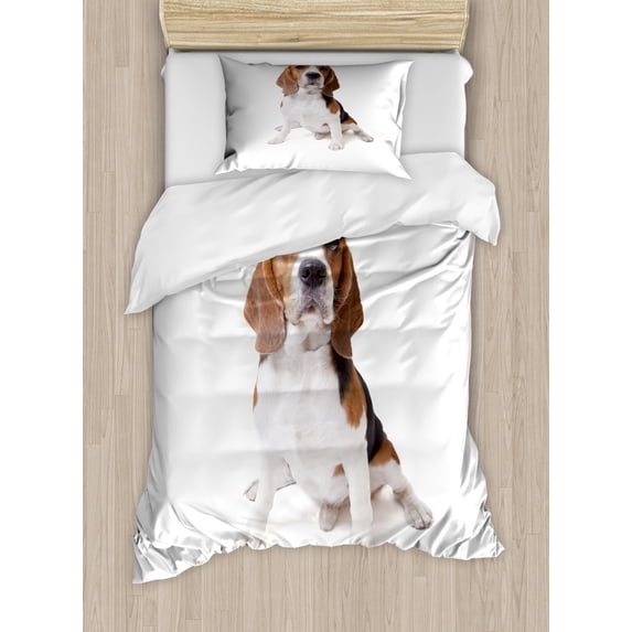 Beagle Duvet Cover Set Twin Size, Beagle Dog Posing Loving Puppy Furry Friend Companion Domestic Animal, Decorative 2 Piece Bedding Set with 1 Pillow Sham, Cinnamon Black White, by Ambesonne