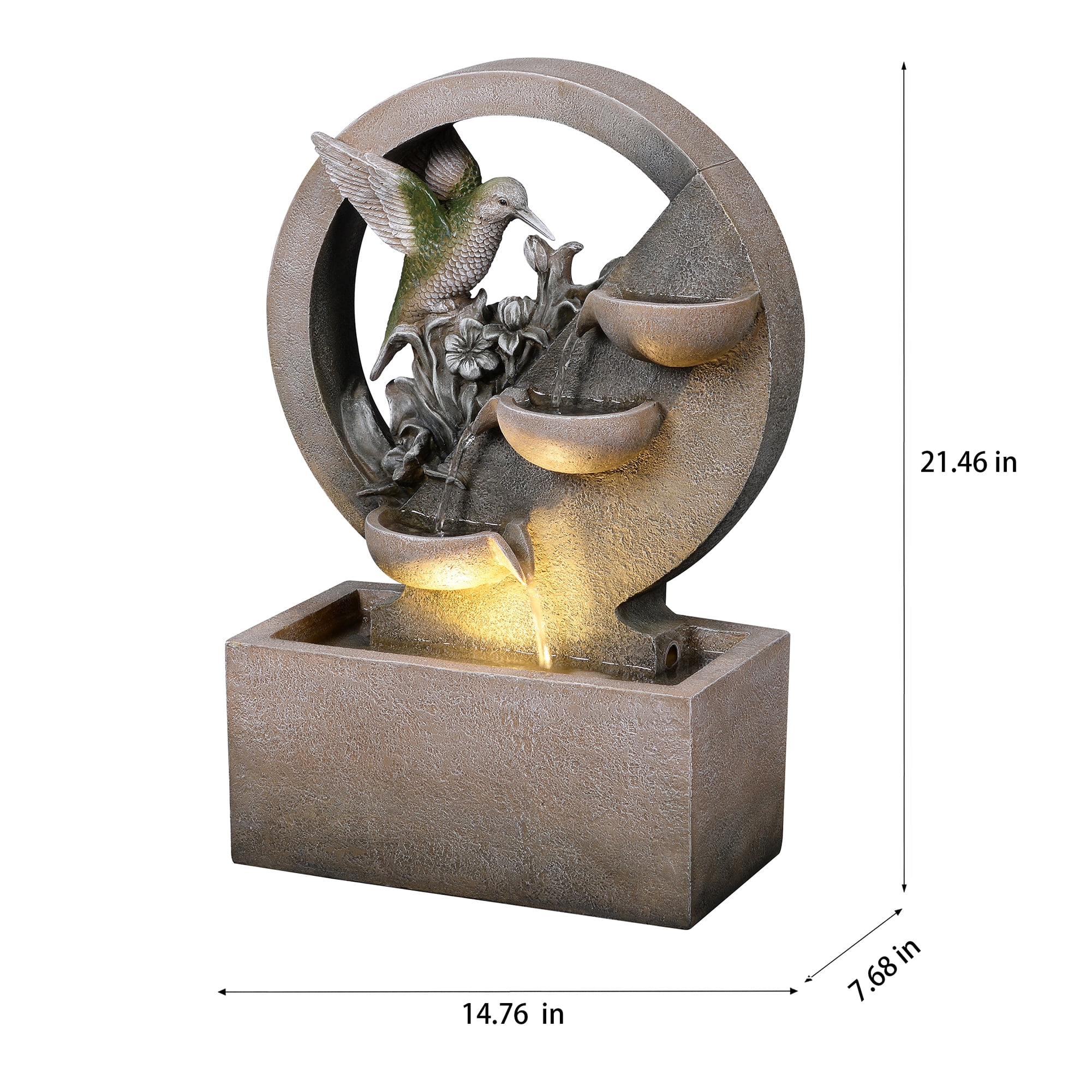 Hummingbird Cascading Bowl Fountain, Decorative Water Fountain with LED Lights and Quiet Pump, Indoor Outdoor Water Feature for Patio, Garden, Deck, Balcony, Office and Home Décor