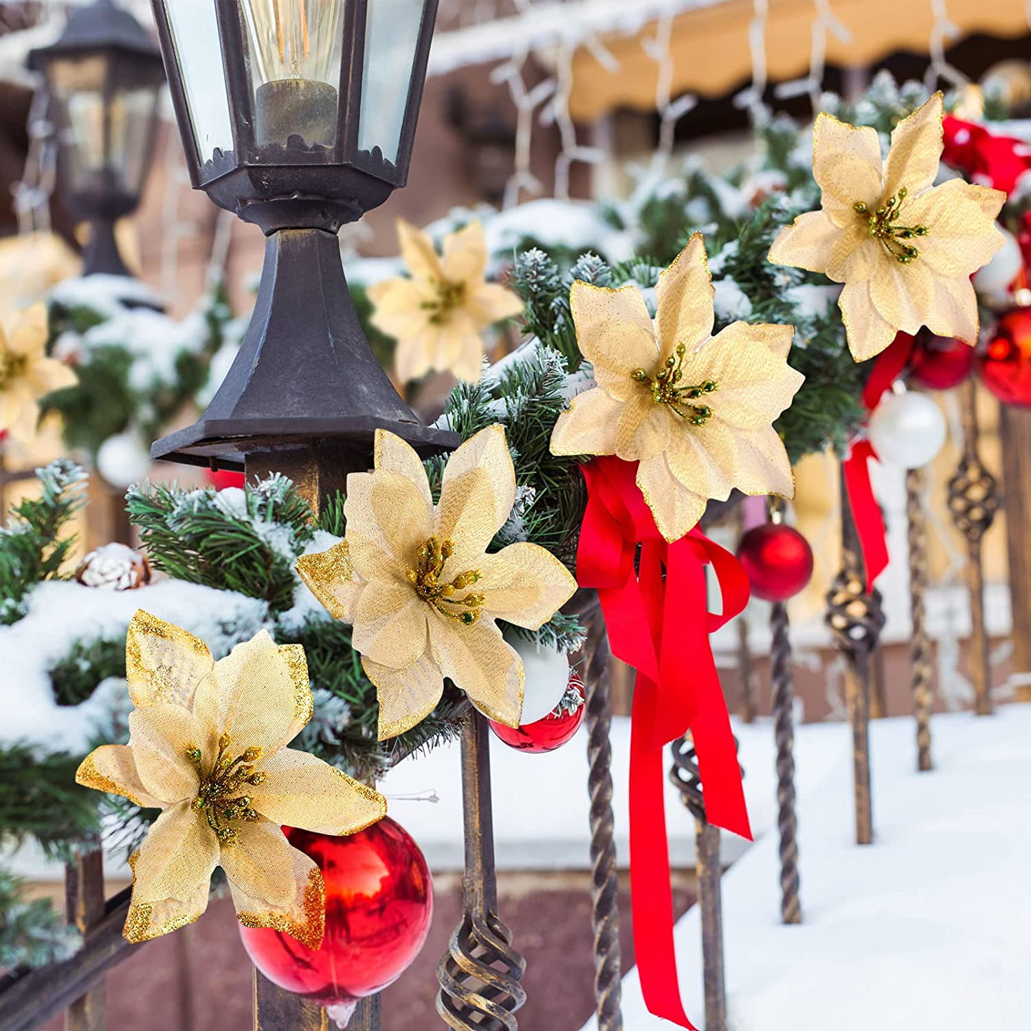 6PCS Glitter Christmas Artificial Flowers Christmas Poinsettia Decor Christmas Tree Wreaths Ornaments for Christmas Home Wedding Party