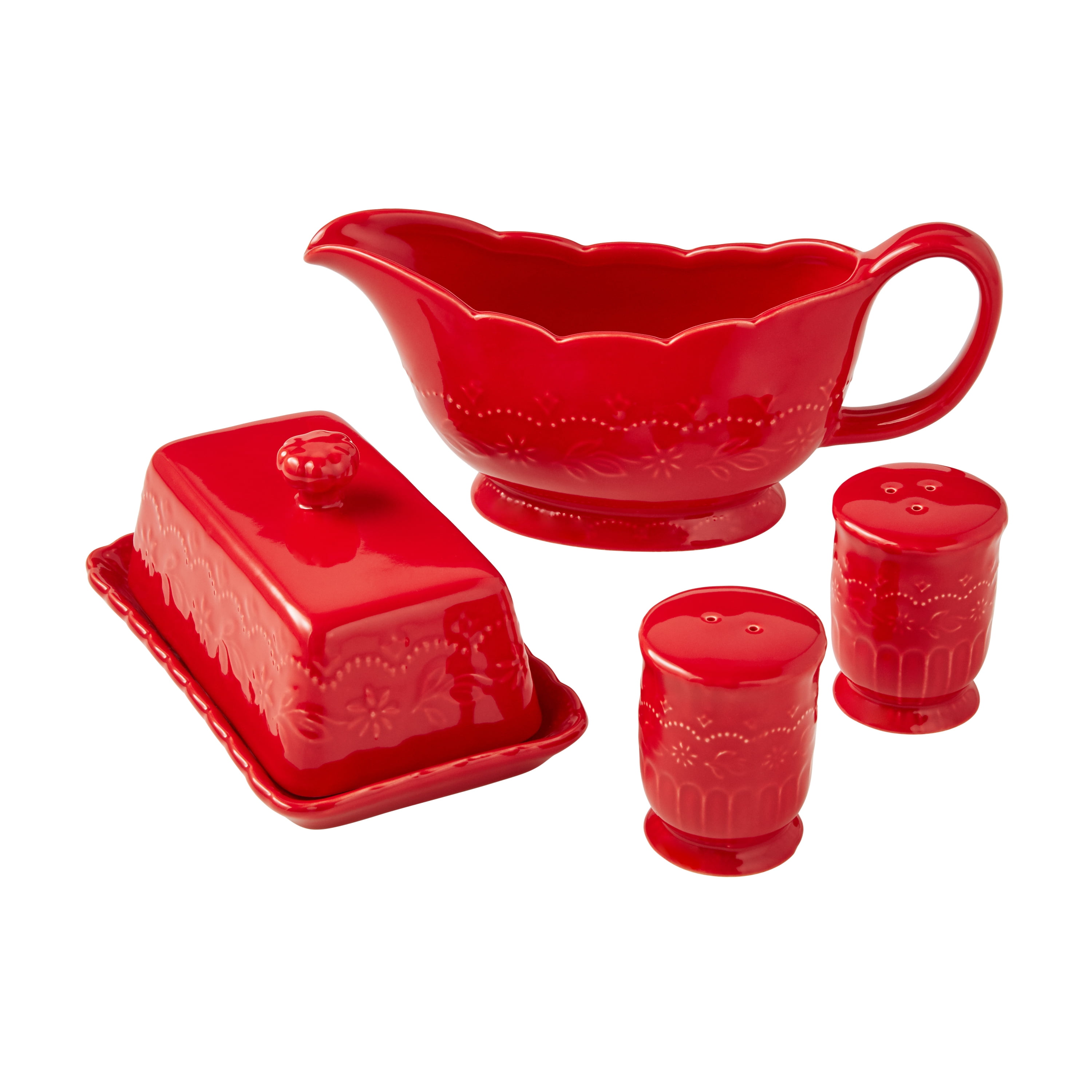 The Pioneer Woman Toni 5-Piece Stoneware Butter Dish, Gravy Boat, and Salt  & Pepper Serve Set, Red