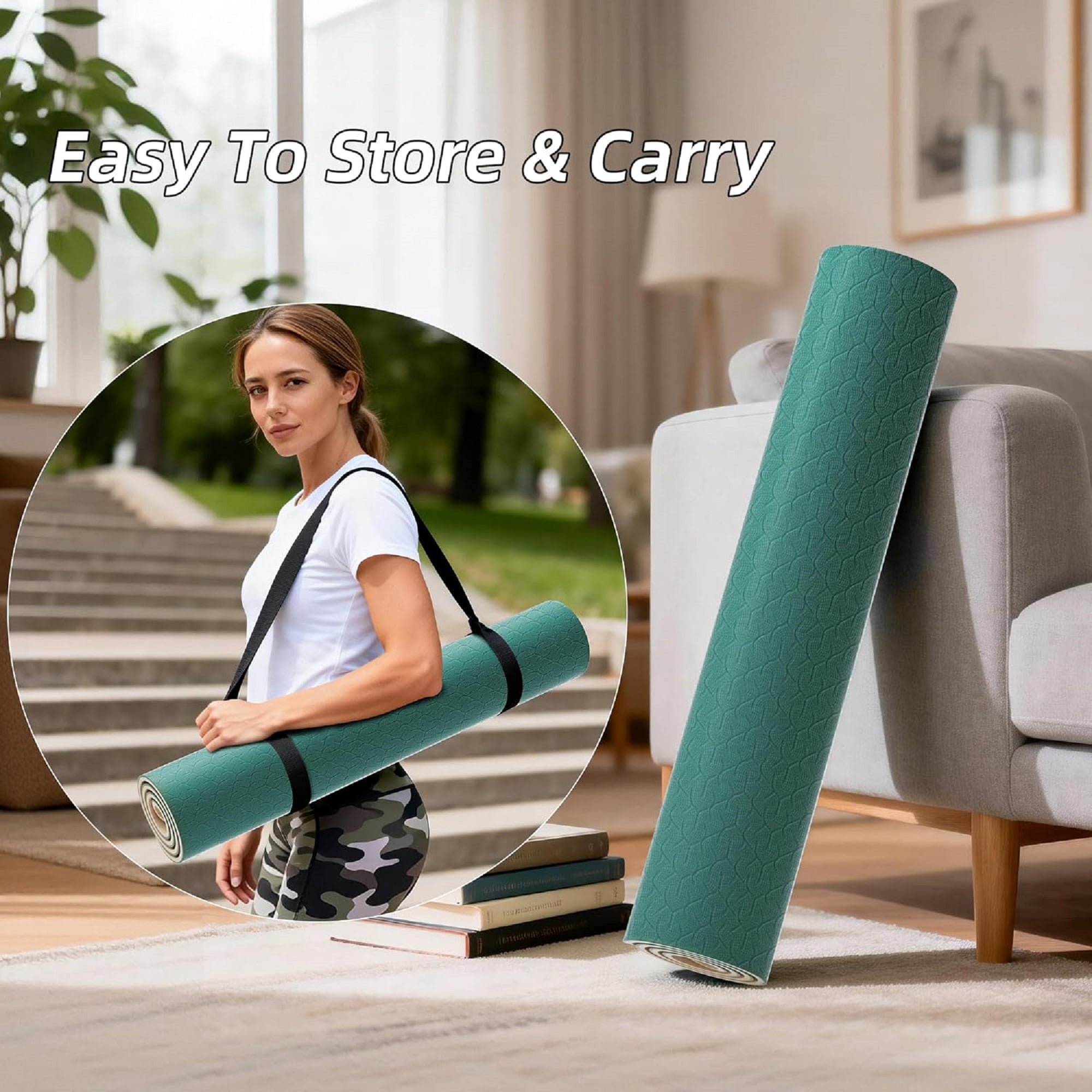 LAMEI Yoga Mat Thick 10mm, 31.5" Extra Wide for Men and Women, Non-Slip TPE Exercise Matt, Two Tone Fitness Mats with Straps for Carrying(Green+Beige)